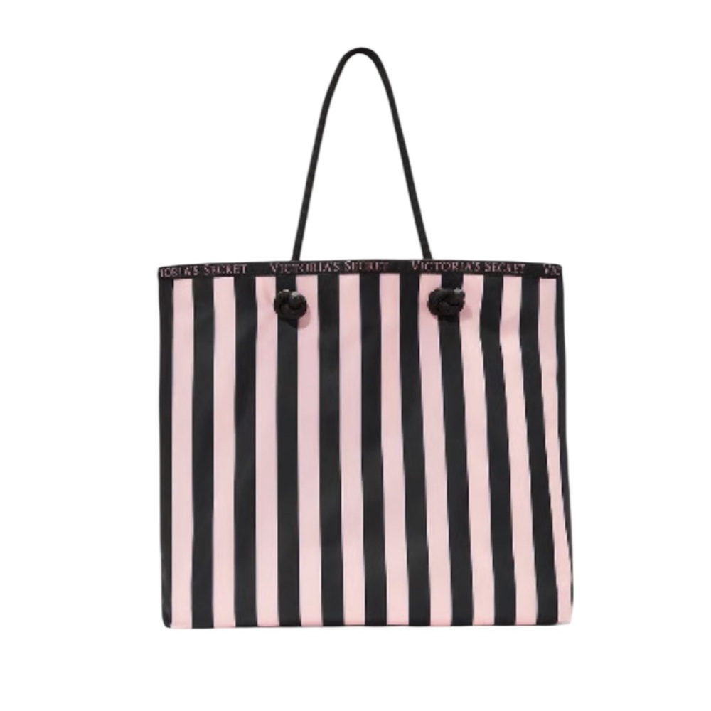 NWT Victoria's Secret Pink and Black Striped Tote Bag Reversible Dainty Flowers